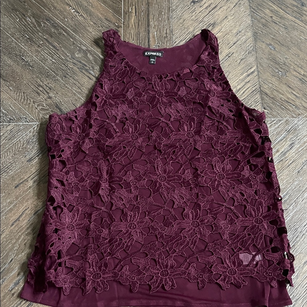 Express Women's Burgundy Floral Lace Blouse Small